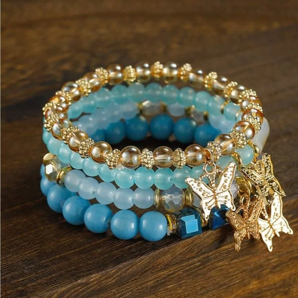 Gold and Blue Beaded Bracelet Set with Butterfly Charms
